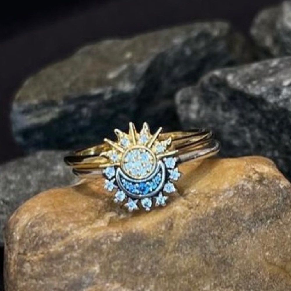 Pandora Gold Sun and Crescent Moon Blue Crystal Ring Set